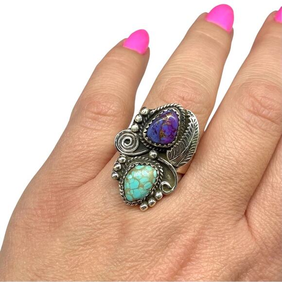 Purple Copper Turquoise Ring Solid 925 Sterling Silver Adjustable 6.5 7 7.5 8 - Picture 3 of 11